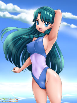 1girl bad_id bad_pixiv_id blue_eyes blue_hair breasts cameltoe covered_erect_nipples day female_focus go!_princess_precure gradient_background kaidou_minami large_breasts long_hair matching_hair/eyes one-piece_swimsuit onoe precure solo standing swimsuit