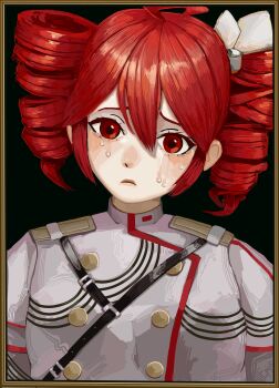 1girl absurdres commentary_request crying drill_hair epips highres kasane_teto kasane_teto_(utau) red_eyes red_hair red_trim twin_drills