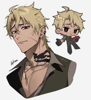 1boy black_vest blonde_hair brown_eyes brown_shirt chibi collared_shirt copyright_name defnotalvoo96 degrees_of_lewdity highres jewelry looking_at_viewer multiple_views neck_tattoo necklace shirt short_hair simple_background tattoo vest white_background wren_(degrees_of_lewdity) wren_(male)_(degrees_of_lewdity)