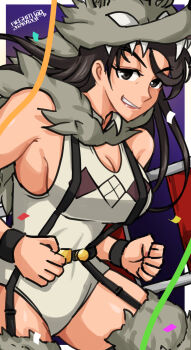 1girl belt beowulf_(skullgirls) black_hair border breasts cowboy_shot genderswap genderswap_(mtf) grey_eyes grin hamu_agaki highres hood hood_up large_breasts leotard lipstick long_hair looking_at_viewer makeup pelt purple_background red_lips skullgirls smile solo suspenders thighhighs white_border wristband