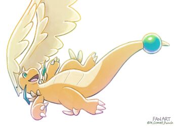 claws colored_skin dragon dragonite feathered_wings full_body gen_1_pokemon green_eyes head_wings horns komepan leg_wings mega_dragonite mega_pokemon nintendo no_humans open_mouth orange_skin pokemon pokemon_(creature) pokemon_focus simple_background single_horn smile solo tail wings