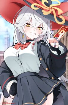 Rule 34 | 1girl, absurdres, black jacket, black skirt, blue archive, blush, bow, breasts, card, collared shirt, commentary request, diagonal-striped bow, diagonal-striped clothes, eri (blue archive), hair between eyes, halo, hat, hat ribbon, highres, holding, holding card, jacket, jewelry, large breasts, long hair, long sleeves, looking at viewer, multiple rings, orange trim, pleated skirt, red eyes, red ribbon, red trim, ribbon, ring, shirt, skirt, smile, solo, striped bow, striped clothes, teeth, tilted halo, umirunie, upper body, white shirt, wide sleeves, witch hat, yellow halo