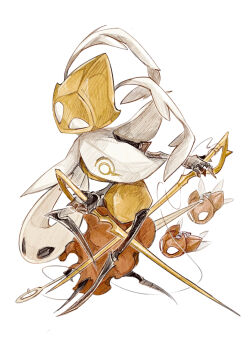 1girl 1other absurdres arthropod_girl cloak cogfly_(hollow_knight) dual_wielding fioco_virus helmet highres holding holding_weapon hollow_eyes hollow_knight hollow_knight:_silksong horned_mask hornet_(hollow_knight) mask needle_(hollow_knight) pin_(hollow_knight) red_cloak second_sentinel_(hollow_knight) simple_background thread weapon white_background white_cloak white_eyes white_mask