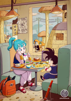 1boy 1girl bag black_hair blue_eyes blue_hair booth_seating breasts bulma cafe child commentary_request desert diner dragon_ball dragon_ball_(classic) eating food highres holding ice_cream indoors norita_(6110885) open_mouth ponytail power_lines restaurant sandals school_bag sitting slice_of_life smile son_goku spiked_hair spoon staff table