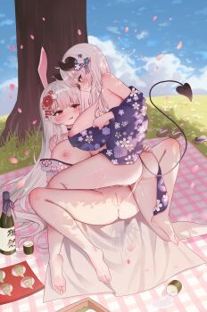 2girls absurdres animal_ears arme_(cgsy7484) barefoot blanket bottle breasts breasts_out censored commission completely_nude demon_girl demon_horns demon_tail female_pervert grass grey_hair highres horns huge_breasts japanese_clothes kimono large_breasts legs_apart long_hair looking_at_viewer multiple_girls nipples nude orgasm original outdoors pervert public_indecency purple_kimono pussy pussy_juice pussy_juice_stain pussy_juice_trail rabbit_ears red_eyes sake_bottle shiny_skin smile spread_legs spring_(season) tail thighs tree tribadism white_hair white_kimono yuri