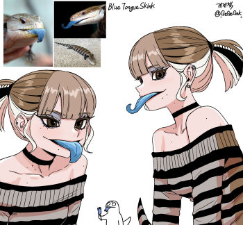 artist_self-insert blonde_hair blue-tongued_skink blue_tongue brown_hair colored_tongue creature_and_personification gegegekman highres horizontal-striped_dress lizard lizard_tail long_tongue multicolored_hair original personification photo_inset ponytail reference_inset reptile_girl skink_lizard tail tongue tongue_out twitter_username