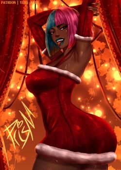 1girl absurdres alternate_costume aqua_hair aqua_lips breasts character_name christmas commentary dark-skinned_female dark_skin detached_sleeves dispatch dress english_commentary highres large_breasts looking_at_viewer multicolored_hair pink_hair prism_(dispatch) red_dress red_sleeves short_hair solo split-color_hair strapless strapless_dress tongue tongue_out two-tone_hair very_dark_skin yessarts