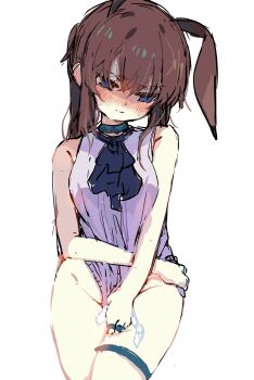 1girl amiya_(arknights) animal_ears arknights ascot averting_eyes bare_arms bare_shoulders black_ascot blue_eyes blush bottomless breasts brown_hair closed_mouth collar commentary_request covering_crotch covering_privates cowboy_shot grey_shirt groin hand_on_own_hip head_tilt highres holding holding_panties holding_underwear holding_unworn_clothes infection_monitor_(arknights) jewelry looking_to_the_side medium_breasts middle_ring multiple_rings nervous_sweating no_jacket nose_blush panties petite ponytail rabbit_ears rabbit_girl ring shaded_face shirt shirt_tug single_ear_down sleeveless sleeveless_shirt solo standing sukima_(crie) sweat thigh_strap underwear unworn_panties white_panties