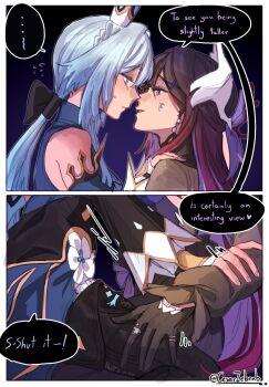 ... 2girls bare_shoulders black_gloves blue_eyes blue_hair blush cerydra_(honkai:_star_rail) cesar_zebrah closed_mouth commentary english_commentary english_text flying_sweatdrops gloves hand_blush hand_on_another&#039;s_shoulder hand_on_another&#039;s_thigh highres honkai:_star_rail honkai_(series) hysilens_(honkai:_star_rail) long_hair multiple_girls parted_lips ponytail purple_hair sitting sitting_on_lap sitting_on_person speech_bubble spoken_ellipsis yuri