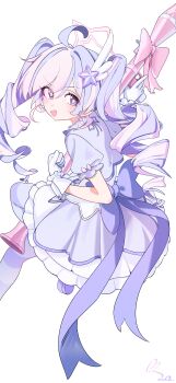 1girl absurdres ahoge back_bow blue_archive blush bow clenched_hand commentary drill_hair earrings frilled_gloves frilled_skirt frills from_side gloves hair_ornament halo highres holding holding_rocket_launcher holding_weapon jewelry knee_up long_hair looking_at_viewer mizo multicolored_hair official_alternate_costume open_mouth pantyhose pink_bow pink_hair pink_halo purple_bow purple_eyes purple_hair purple_pantyhose purple_shirt purple_skirt reisa_(blue_archive) reisa_(magical)_(blue_archive) rocket_launcher shirt short_sleeves sideways_glance signature simple_background skirt smile solo star_(symbol) star_earrings star_hair_ornament star_halo star_in_eye striped_clothes striped_pantyhose symbol_in_eye twin_drills two-tone_hair weapon white_background white_gloves wing_hair_ornament