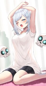 1girl absurdres akershus_fortress_(oshiro_project) arms_up black_shorts blue_eyes blush breasts commentary_request commission curtains floating_skull grey_hair highres indoors looking_at_viewer medium_breasts medium_hair one_eye_closed open_mouth oshiro_project:re shirt short_sleeves shorts sitting skeb_commission solo stretching swept_bangs teeth thighs upper_teeth_only wariza white_shirt yamato_(muchuu_paradigm)