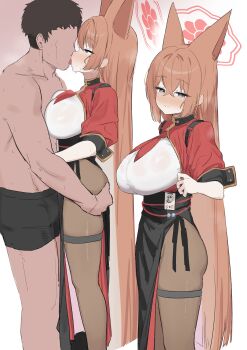 1boy 1girl absurdres animal_ears black_male_underwear blue_archive breast_press breasts china_dress chinese_clothes crossed_bangs dress faceless faceless_male fox_ears fox_girl french_kiss grabbing_another&#039;s_ass grey_halo groping halo hetero highres holster kiss large_breasts long_hair makura_u9b male_underwear pantyhose red_dress red_halo rumi_(blue_archive) saliva shoulder_holster thigh_strap tongue turtleneck turtleneck_dress underwear white_background