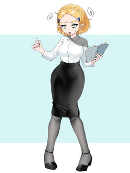 1girl aqua_background bags_under_eyes black_footwear black_skirt blonde_hair book border braid breasts chalk collared_shirt commentary_request crown_braid dizzy full_body green_eyes hair_ornament highres holding holding_chalk holding_notebook letterboxed long_sleeves medium_breasts medium_skirt nintendo notebook open_book outside_border pantyhose pencil_skirt princess_zelda shirt short_hair skirt solo squiggle standing teacher the_legend_of_zelda the_legend_of_zelda:_tears_of_the_kingdom wasabi_(legemd) white_border white_shirt