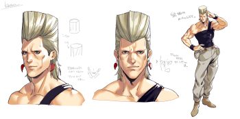 1boy absurdres black_shirt blue_eyes cheekbones closed_mouth commentary_request cropped_shoulders flattop grey_hair grey_pants hand_on_own_hip highres jean_pierre_polnareff jojo_no_kimyou_na_bouken kotatsu_(g-rough) male_focus muscular muscular_male pants reference_sheet shirt short_hair simple_background stardust_crusaders white_background