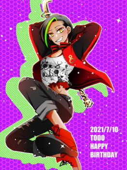 1girl akashi_(pixiv_user_1342337) black_hair choker crowbar dark-skinned_female dark_skin higyaku_no_noel holding holding_crowbar jacket multicolored_hair red_jacket short_hair smile solo streaked_hair yellow_eyes zoe_taska