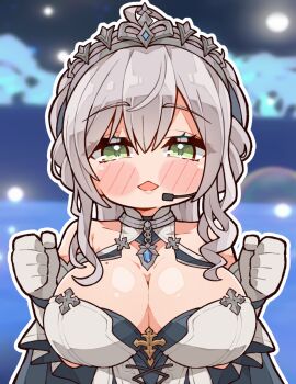 breast_focus breasts cleavage crescent_moon detached_sleeves dress frilled_dress frills green_eyes grey_hair highres hololive kukie-nyan large_breasts long_hair looking_at_viewer microphone mole mole_on_breast moon official_alternate_costume official_alternate_hair_length official_alternate_hairstyle open_mouth puffy_detached_sleeves puffy_sleeves shirogane_noel shirogane_noel_(princess_knight) strapless strapless_dress tiara virtual_youtuber