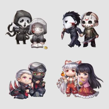 2girls 6+boys absurdres bald bamboo_print barefoot belt black_belt black_coat black_footwear black_gloves black_hair black_hood black_jacket black_mask black_pants blood blood_on_clothes blood_on_face bloody_knife book bow camera chibi chinese_commentary clenched_hand clenched_teeth coat collared_jacket collared_shirt commentary_request dark_skin dead_by_daylight denim fire floral_print friday_the_13th frilled_skirt frilled_sleeves frills frown fujiwara_no_mokou ghostface gloves green_jacket green_pupils grey_background grey_eyes grey_headwear grey_hoodie grey_neckerchief hair_bow halloween_(movie) hand_on_another's_arm helmet hidan_(naruto) highres hime_cut holding holding_camera holding_hands holding_jewelry holding_knife holding_money holding_necklace hood hood_up hoodie houraisan_kaguya jacket jason_voorhees jeans jewelry kakuzu_(naruto) kneeling knife long_hair long_skirt long_sleeves looking_at_another mask michael_myers money mouth_mask multiple_boys multiple_girls multiple_hair_bows naruto_(classic) naruto_(series) neckerchief necklace ofuda ofuda_on_clothes open_book open_clothes open_jacket open_mouth outstretched_hand pants pink_eyes pink_shirt pointing red_eyes red_pants red_skirt red_trim rock scream_(movie) sdz_(inazuma) sharp_teeth shirt shoes short_hair sitting skirt sleeve_garter smile smiley_face suspenders teeth the_legion_(dead_by_daylight) touhou triangular_headpiece v-shaped_eyebrows very_long_hair white_bow white_footwear white_hair white_mask white_shirt wide_sleeves yaoi yuri