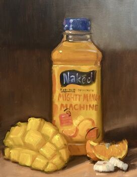 bottle commentary drink english_commentary food food_focus fruit highres mango no_humans noah_verrier oil_painting_(medium) orange_(fruit) orange_slice original painting_(medium) still_life traditional_media