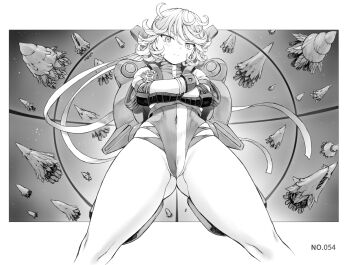 Rule 34 | 1girl, ass, bare legs, cameltoe, cosplay, crossed arms, curvy, from below, gluteal fold, gunbuster, gunbuster (cosplay), highleg, highleg leotard, leotard, light smile, looking down, meme, mogudan, monochrome, one-punch man, short hair, standing, takaya noriko, takaya noriko (cosplay), tatsumaki, thick thighs, thighs, toned, top wo nerae!, top wo nerae! (series), wide hips