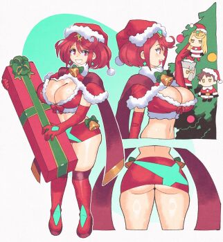 1girl ass ass_peek bob_cut box breasts christmas christmas_tree cleavage earrings elbow_gloves fur_trim gift gift_box gloves highres holding holding_gift inkerton-kun jewelry large_breasts microskirt midriff multiple_views mythra_(xenoblade) nia_(xenoblade) pyra_(xenoblade) red_eyes red_gloves red_hair rex_(xenoblade) santa_costume short_hair skirt smile swept_bangs thick_thighs thighs tiara xenoblade_chronicles_(series) xenoblade_chronicles_2