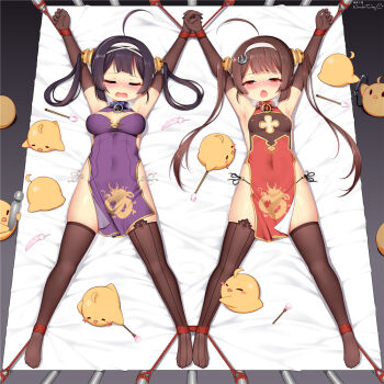 0_0 2girls =_= ^_^ ahoge animal armpits arms_up artist_name asymmetrical_legwear azur_lane bare_shoulders bdsm bird bit_gag black_eyes black_gloves black_hair black_legwear black_panties blank_eyes blush blush_stickers bondage bound bound_ankles bound_wrists breasts breasts_apart breath brown_hair brush china_dress chinese_clothes cleavage_cutout closed_eyes clothing_cutout collar covered_navel dragon_print dress elbow_gloves feathers female_focus from_above full_body gag gloves hair_ornament hair_rings hairband half-closed_eyes hitachi_magic_wand holding holding_brush holding_hands huoji_(wonderturkey) interlocked_fingers long_hair lying manjuu_(azur_lane) medium_breasts mismatched_legwear multiple_girls ning_hai_(azur_lane) nose_blush o-ring o-ring_bottom o-ring_panties on_back on_bed open_mouth outstretched_arms panties pelvic_curtain ping_hai_(azur_lane) purple_dress red_dress red_eyes rope see-through_clothes sex_toy side-tie_panties side_slit sidelocks signature skindentation sleeveless sleeveless_dress small_breasts spread_eagle_position spread_legs string_panties symmetry tears thighhighs twintails underwear vibrator white_background white_hairband white_panties
