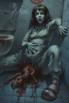 1girl abortion anya_(mouthwashing) baby_animal bathroom blood blood_drip blood_on_ground blood_on_hands blood_on_wall breasts brown_hair crying crying_with_eyes_open curly_hair distress english_text fetus foot_out_of_frame graffiti guro hand_on_own_stomach highres horse knee_up leaning_back long_sleeves messy_hair mouthwashing muted_color on_floor open_mouth pain pants plus_sign sandals shadow shirt sitting smeared_blood socks solo striped_clothes striped_shirt striped_socks tears tile_floor tile_wall tiles toilet toilet_paper tomtit_bird torn_clothes torn_pants vertical-striped_clothes vertical-striped_socks