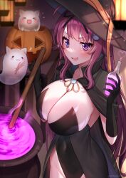 Rule 34 | 1girl, absurdres, ahoge, alternate costume, black cloak, black dress, black gloves, black hat, blush, breasts, cauldron, cleavage, cloak, commentary, commission, covered navel, dress, flask, ghost, ghost tail, gloves, groin, hair between eyes, hat, heart, heterochromia, highres, holding, holding flask, indie virtual youtuber, indoors, jack-o&#039;-lantern, ladle, lamp, large breasts, large hat, long hair, open mouth, pink eyes, potion, pumpkin, purple eyes, purple hair, shikiya komori, skeb commission, solo, standing, stirring, table, very long hair, virtual youtuber, witch, witch hat, yayoi maka