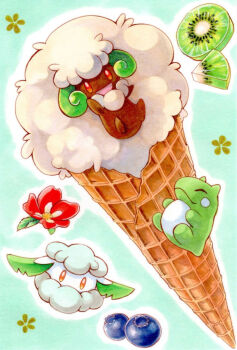 :d animal_focus blueberry commentary_request cottonee creature_as_food dessert flower fluffy food food_focus fruit gen_5_pokemon green_background highres horns ice_cream_cone kiwi_(fruit) kiwi_slice long_hair marker_(medium) nintendo no_humans open_mouth outline pokemon pokemon_(creature) sheep_horns smile substitute_(pokemon) sweets traditional_media whimsicott white_outline yuka_(yukaaaaaaa0705)