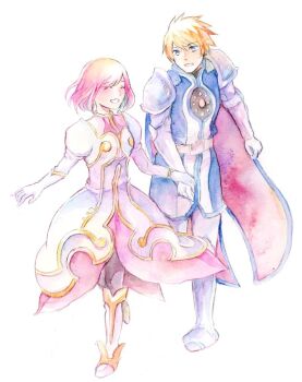 Rule 34 | 1boy, 1girl, armor, blonde hair, boots, cape, closed eyes, estellise sidos heurassein, flynn scifo, gauntlets, gloves, holding hands, koruri (unubore tekagami), painting (medium), pink hair, short hair, smile, standing, tales of (series), tales of vesperia, traditional media, watercolor (medium), white background, white gloves