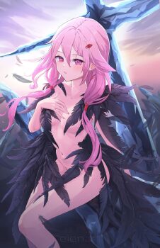 Rule 34 | 1girl, absurdres, black feathers, breasts, cleavage, collarbone, commentary, cowboy shot, eienart, english commentary, feather trim, feathers, guilty crown, hair between eyes, hair ornament, hair tubes, hairclip, hand on own chest, highres, long hair, looking at viewer, making-of available, medium breasts, navel, official alternate costume, open mouth, parted hair, pink hair, red eyes, revealing clothes, sideboob, solo, twintails, twitter username, underboob, yuzuriha inori