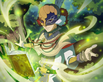 Rule 34 | 1boy, absurdres, black clover, black clover m: rise of the wizard king, book, brown capelet, cape, capelet, feathers, golden dawn (emblem), grimoire, highres, jacket, looking at viewer, magic, mask, non-web source, official art, open book, purple eyes, red cape, solo, upper body, white feathers, white jacket, william vangeance