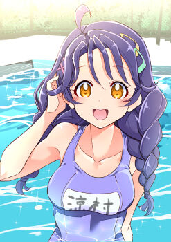 1girl ahoge black_hair blue_one-piece_swimsuit braid commentary hair_ornament hair_over_shoulder hair_tie hairclip hamuhamu long_hair looking_at_viewer name_tag one-piece_swimsuit open_mouth orange_eyes pool precure school_swimsuit smile solo sparkle suzumura_sango swimsuit tropical-rouge!_precure twin_braids upper_body wading x_hair_ornament