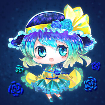 Rule 34 | 1girl, :d, black hat, black shoes, blue eyes, blue flower, blue hair, blue rose, blush, buttons, chibi, commentary request, diamond button, flower, frilled skirt, frilled sleeves, frills, full body, gradient hair, green hair, green skirt, hat, hat flower, heart, heart of string, highres, komeiji koishi, long sleeves, looking at viewer, multicolored hair, nanai07, open mouth, rose, shirt, shoes, short hair, skirt, sleeves past fingers, sleeves past wrists, smile, solo, third eye, touhou, yellow shirt