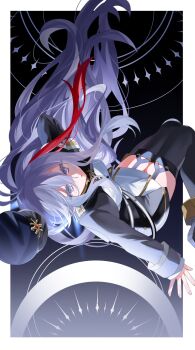 Rule 34 | 1girl, 86 -eightysix-, falling, hat, highres, long hair, long sleeves, military hat, military uniform, multicolored hair, ooo00 cha, red streaks, solo, streaked hair, thighhighs, thighs, vladilena millize, white eyes, white hair