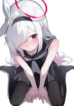 Rule 34 | 1girl, between legs, black eyes, black hairband, black pantyhose, black sailor collar, black serafuku, blue archive, blush, braid, collarbone, colored inner hair, from above, hair over one eye, hairband, halo, hand between legs, hashtag-only commentary, heoningu, long hair, looking at viewer, multicolored hair, neckerchief, no shoes, one eye covered, pantyhose, pink hair, plana (blue archive), red halo, sailor collar, school uniform, serafuku, single braid, sitting, solo, straight hair, two-tone hair, v arms, wariza, white hair, white neckerchief