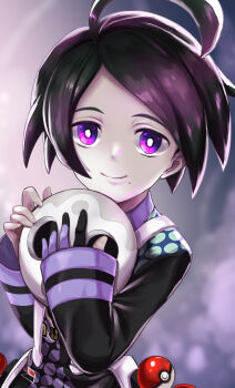 Rule 34 | 1boy, absurdres, ahoge, allister (pokemon), black hair, bright pupils, closed mouth, commentary, gloves, hands up, happy, highres, holding, holding mask, holster, long sleeves, male focus, mask, mole, mole under mouth, nintendo, partially fingerless gloves, poke ball, poke ball (basic), pokemon, pokemon sword and shield, purple eyes, sharumon, shirt, short hair, shorts, single glove, sleeves past wrists, smile, solo, suspenders, white pupils