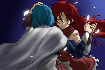 Rule 34 | bare shoulders, black background, blue background, blue hair, closed eyes, closed mouth, dancing, detached sleeves, dress, frilled dress, frills, from behind, gradient background, hand on another's head, holding hands, long hair, long sleeves, mahou shoujo madoka magica, miki sayaka, miki sayaka (magical girl), red dress, red hair, sakura kyoko, sakura kyoko (magical girl), sayalovekyou, scar, scar on arm, scar on face, short hair, white sleeves