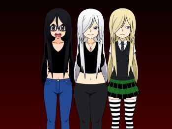 2girls black_hair blonde_hair breasts denim genderswap genderswap_(mtf) glasses japanese jeans katsuki_yuuri kisekae large_breasts leggings mature_female multiple_girls pants russian school_uniform shadman thighhighs viktor_nikiforov yaoi yuri!!!_on_ice yuri_plisetsky