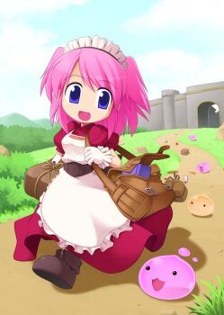 1girl :3 :d apron blue_sky breasts brown_bag bush castle chibi chibi_only cloud dress drops_(ragnarok_online) frilled_apron frills full_body gloves grass kafra_uniform key_visual looking_to_the_side maid maid_headdress medium_breasts medium_hair official_art open_mouth path pink_hair poring promotional_art puffy_short_sleeves puffy_sleeves purple_eyes ragnarok_online ragnarok_online_kafra_quest red_dress riria_(ragnarok_online) road rock running short_sleeves sky slime_(creature) smile solo third-party_source two_side_up white_apron white_gloves yuichirou