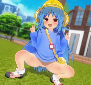 1girl 3d animated animated_gif bag blue_hair blue_shirt blush bottomless building bush cleft_of_venus clothes_lift cloud custom_maid_3d_2 double_v eguze_(sho1013) fang grass hat kindergarten_uniform loli long_hair looking_at_viewer name_tag no_panties open_mouth pink_footwear pole pussy red_eyes shirt shirt_lift shoes sky smile socks squatting v white_socks yellow_headwear