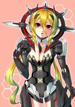 1girl android armor blonde_hair breasts cleavage female_focus headdress hijirino_yuuta honeycomb_(pattern) honeycomb_background honeycomb_pattern long_hair low_twintails partner_machine phantasy_star phantasy_star_portable_2 phantasy_star_portable_2_infinity red_eyes rozen_s_series simple_background solo twintails very_long_hair