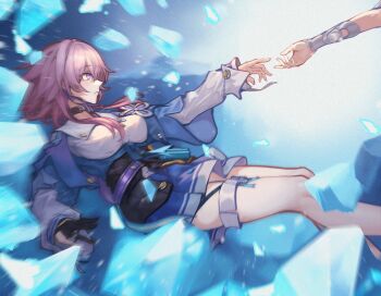 1girl alternate_breast_size black_choker black_corset black_gloves blue_jacket blue_skirt breasts choker corset feet_out_of_frame fine_art_parody flower_ornament from_side gloves highres honkai:_star_rail honkai_(series) jacket large_breasts long_sleeves march_7th_(honkai:_star_rail) march_7th_(preservation)_(honkai:_star_rail) medium_hair miniskirt motion_blur parody parted_lips partially_fingerless_gloves pink_hair shirt single_glove skirt the_creation_of_adam thigh_strap tied_jacket underbust white_shirt zhan-guo_zang-ge