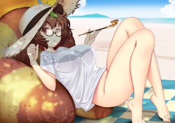 1girl animal_ears beach beach_mat bikini black-framed_eyewear blue_sky bottomless breasts brown_eyes brown_hair cleavage futatsuiwa_mamizou glasses hat hataraki_kuma holding holding_smoking_pipe kiseru large_breasts leaf leaf_on_head outdoors raccoon_ears raccoon_girl raccoon_tail sand semi-rimless_eyewear shirt short_hair short_sleeves sky smoking smoking_pipe solo sun_hat swimsuit tail tiptoes toes touhou under-rim_eyewear white_bikini white_shirt