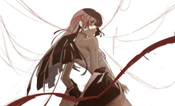 1girl bare_shoulders black_hair breasts chest_sarashi chisa_(wuthering_waves) clothes_down commentary cowboy_shot english_commentary from_behind hair_ribbon highres kutu long_hair looking_at_viewer looking_back medium_breasts mixed-language_commentary mole mole_under_eye parted_lips red_eyes red_ribbon ribbon sarashi sideways_glance simple_background solo tacet_mark_(wuthering_waves) white_background wuthering_waves