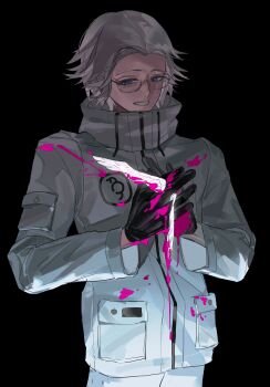 1boy absurdres aotsuki_eito black_background black_gloves blood blood_on_clothes blood_on_gloves blood_splatter commentary cowboy_shot crushed english_commentary evil_grin evil_smile feathered_wings glasses gloves grey_hair grin highres jacket lbhzp looking_at_hands male_focus pink_blood purple_eyes short_hair simple_background smile solo the_hundred_line_-last_defense_academy- white_jacket wings