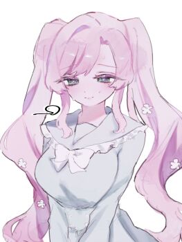 1girl aged_down bow breasts commentary dress flower frilled_sailor_collar frills green_eyes grey_dress hair_flower hair_ornament hanazono_hahari kimi_no_koto_ga_dai_dai_dai_dai_daisuki_na_100-nin_no_kanojo large_breasts long_hair long_sleeves pink_hair sailor_collar sailor_dress simple_background smile solo twintails urouro_u_ron v_arms very_long_hair wavy_hair white_background white_bow