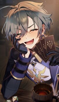 1boy beer_mug black_choker black_gloves blue_hair blush card choker closed_eyes commentary_request crossed_bangs cup dice elbow_rest eyelashes facing_viewer gem genius_invokation_tcg genshin_impact gloves hair_between_eyes head_rest highres holding holding_card laughing lohen_(genshin_impact) long_sleeves male_focus mt_gnsn mug open_mouth solo sparkle table upper_body