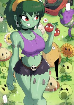 ! 1girl absurdres belt black_shorts blover_(plants_vs._zombies) blush breasts brown_belt cherry cherry_bomb_(plants_vs._zombies) choker chomper_(plants_vs._zombies) cleavage clover collarbone colored_skin crossover earrings eating flower food fruit garlic garlic_(plants_vs._zombies) grass green_hair green_skin grin hairband heart highres holding holding_food jewelry large_breasts lawnmower marigold marigold_(plants_vs._zombies) midriff navel peashooter_(plants_vs._zombies) plant plants_vs._zombies potato potato_mine_(plants_vs._zombies) purple_shirt red_eyes repeater_(plants_vs._zombies) rottytops shantae_(series) shirt short_hair short_shorts shorts skull skull_earrings smile sparkle speech_bubble spoken_heart squash squash_(plants_vs_zombies) standing stitches sunflower sunflower_(plants_vs._zombies) tank_top teeth thick_thighs thighs tony_welt venus_flytrap wall-nut_(plants_vs._zombies) walnut wayforward wide_hips zombie