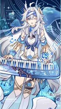 1girl absurdres ahoge blue_eyes braid breasts chinese_commentary chinese_text commentary_request english_text grey_hair hairband headband highres holding horns instrument jellyfish keyboard_(instrument) long_hair looking_at_viewer mixed-language_text music musical_note nius_invokation_tcg(style) one_eye_closed open_mouth original playing_instrument shorts sisan_eryi smile solo thighhighs watermark white_hair white_thighhighs