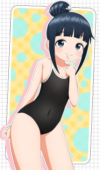 1girl absurdres blue_hair closed_mouth hair_bun highres ishigakiseiya kunoichi_tsubaki_no_mune_no_uchi light_blush light_smile loli mokuren_(kunoichi_tsubaki_no_mune_no_uchi) ponytail single_hair_bun solo swimsuit